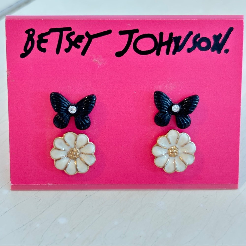 Betsey Johnson Black Butterfly And Flower Stud Earrings NWT